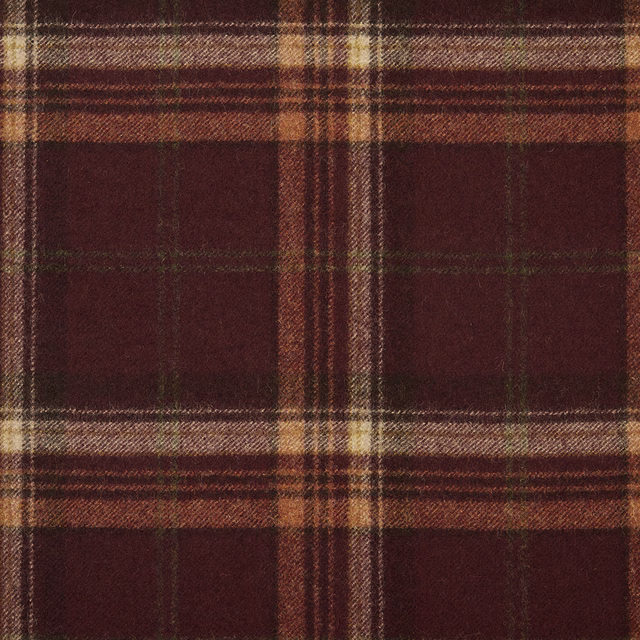 Deep burgundy plaid with tan windowpane lines and a softly textured weave