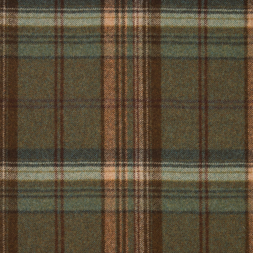 Muted evergreen plaid fabric with brown, cream and fine reddish-brown woven lines
