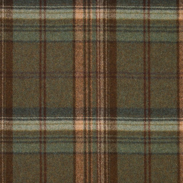 Muted evergreen plaid fabric with brown, cream and fine reddish-brown woven lines