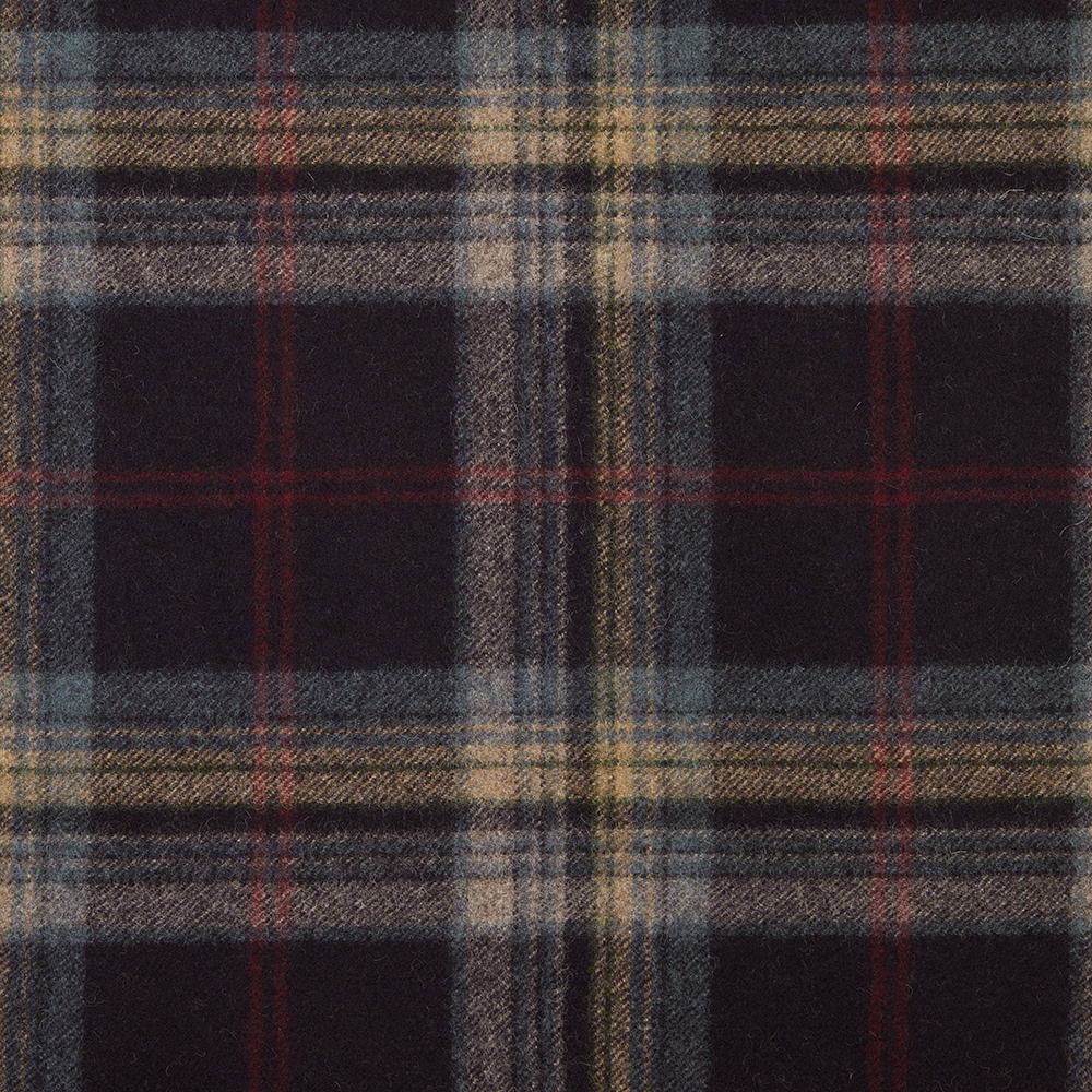 Dark indigo plaid with slate, oatmeal and rust lines in a softly brushed weave