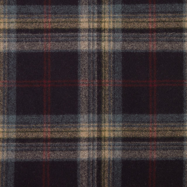 Dark indigo plaid with slate, oatmeal and rust lines in a softly brushed weave