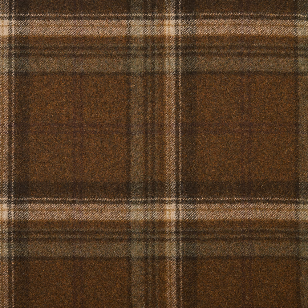 Warm ochre-brown plaid with charcoal lines and a softly brushed woven surface