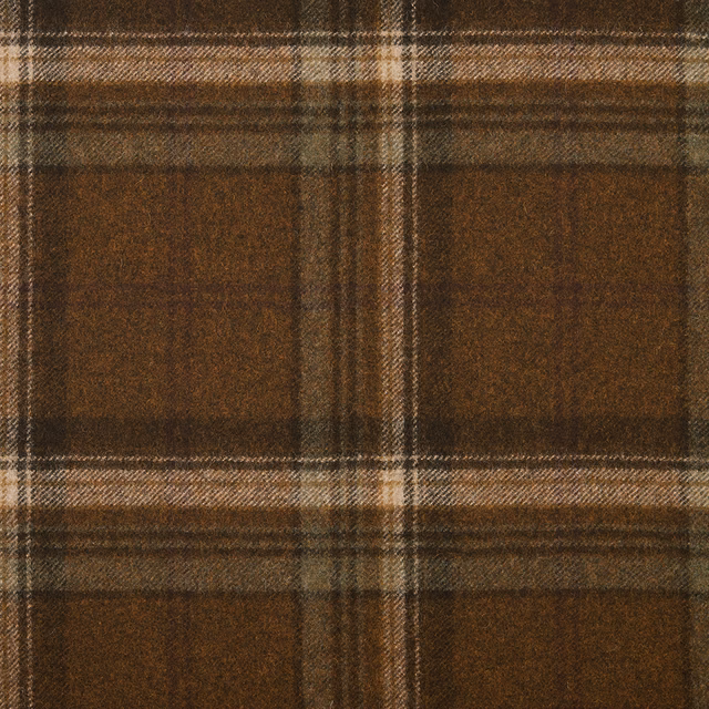 Warm ochre-brown plaid with charcoal lines and a softly brushed woven surface