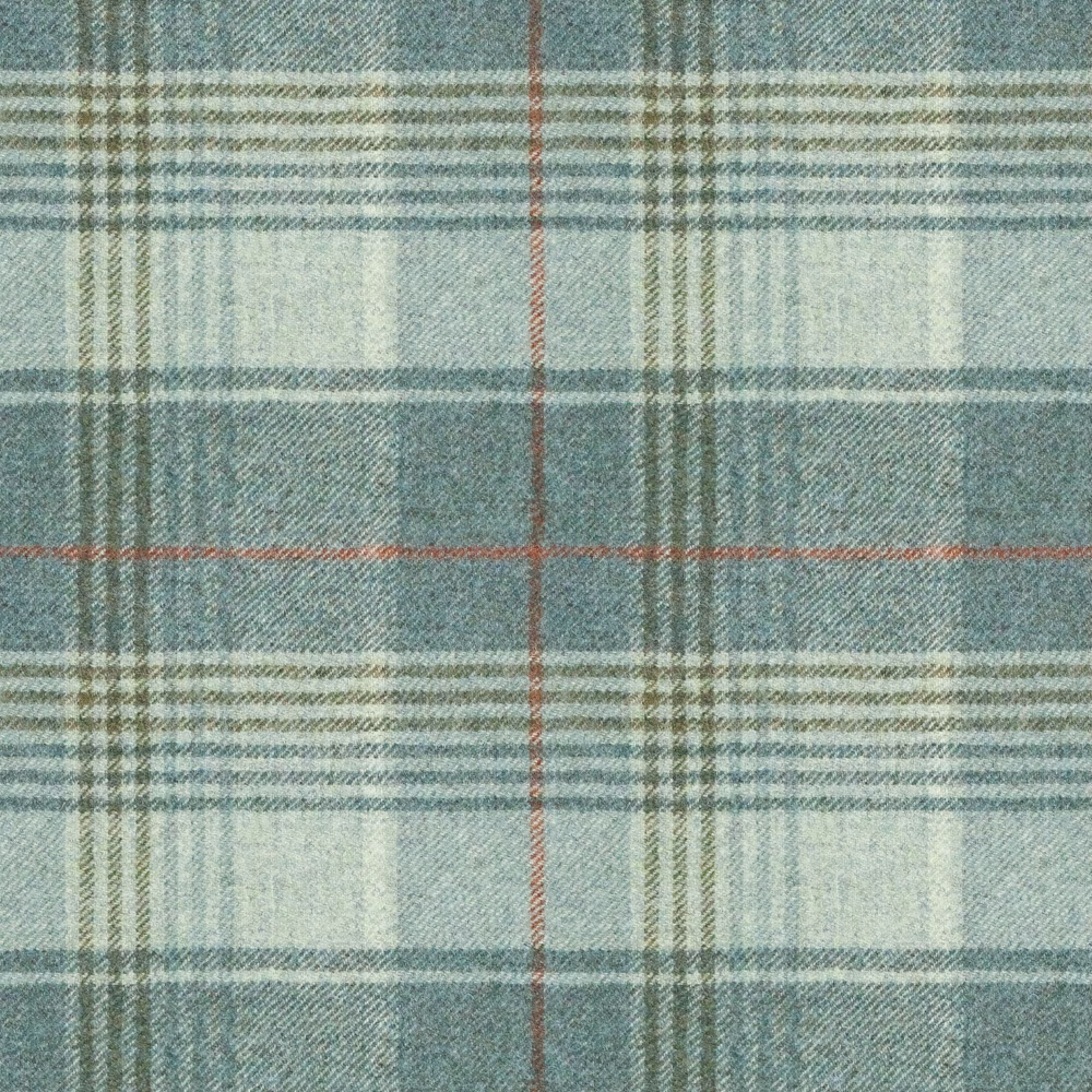 Muted blue-teal plaid with cream blocks, sage lines and fine rust-red overcheck