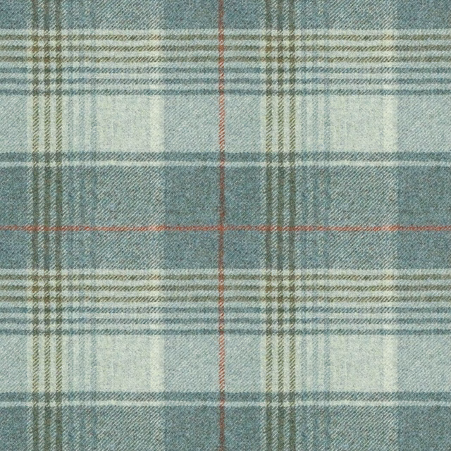 Muted blue-teal plaid with cream blocks, sage lines and fine rust-red overcheck