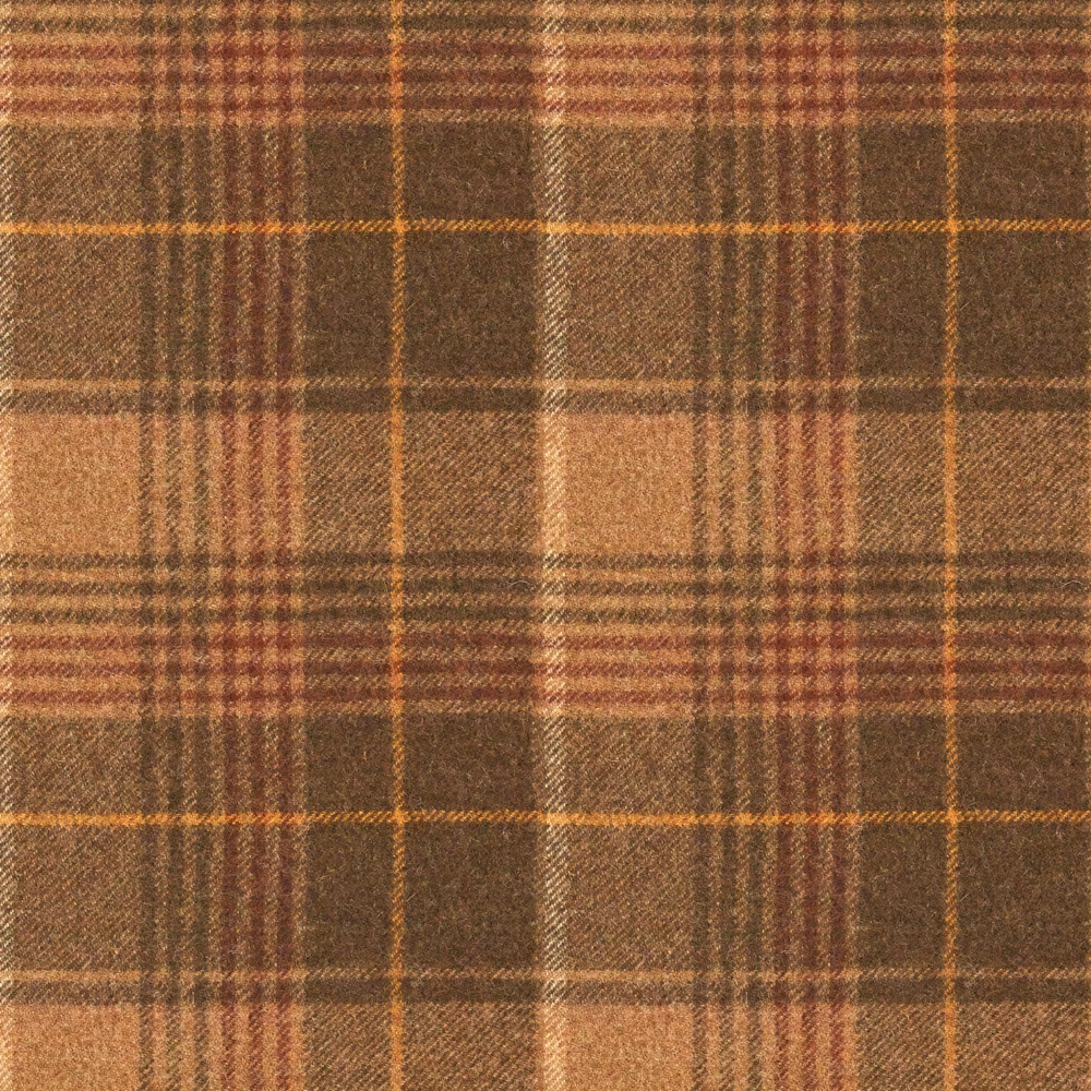 Warm cocoa plaid with rust, amber and pale beige lines in a textured weave