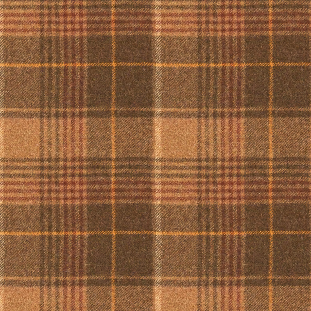 Warm cocoa plaid with rust, amber and pale beige lines in a textured weave