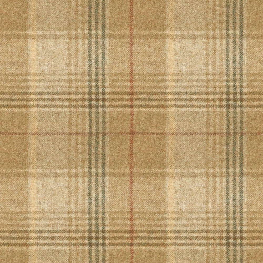 Warm sand plaid with olive-grey bands and a muted red stripe