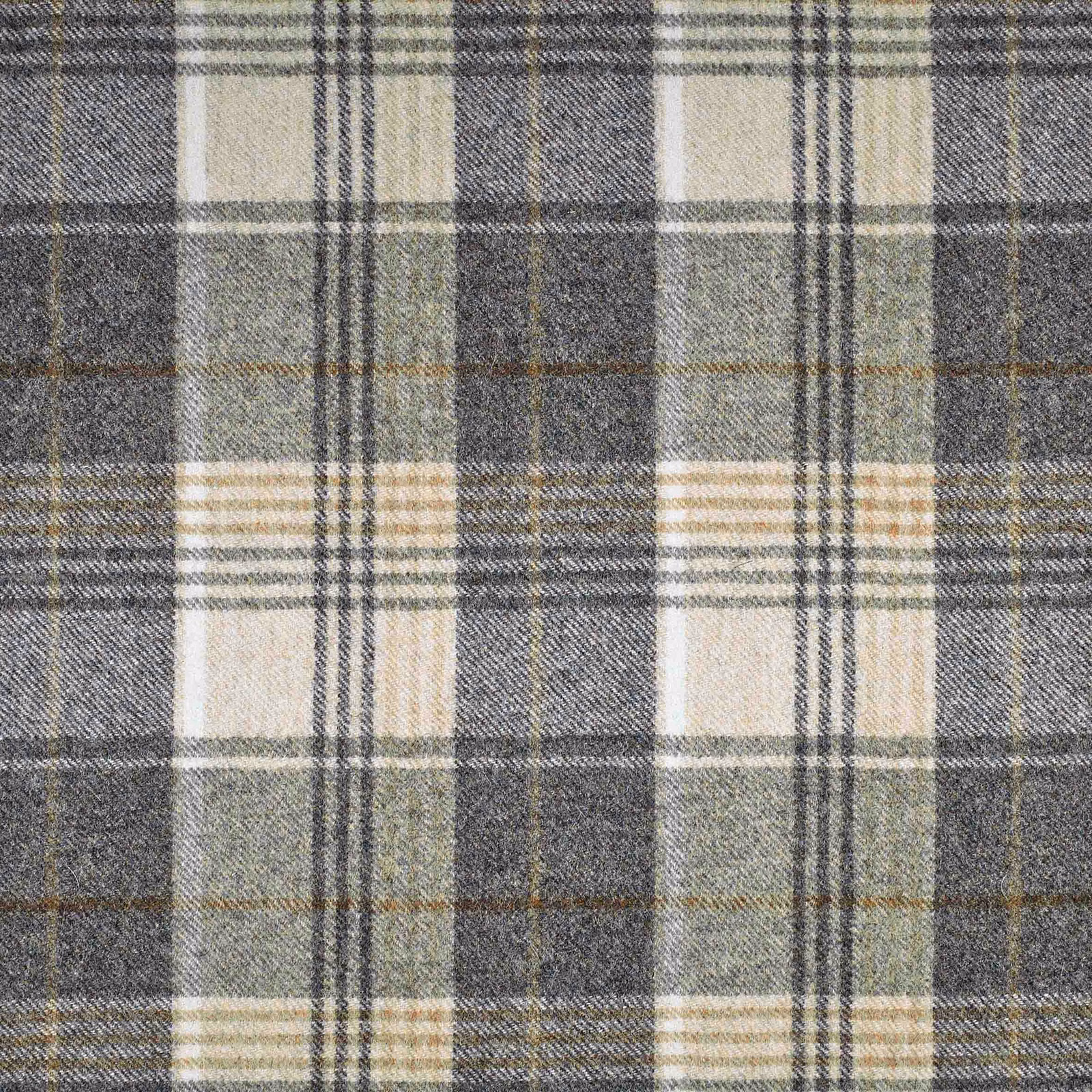 Muted taupe plaid with charcoal checks, cream blocks, sage accents and woven texture