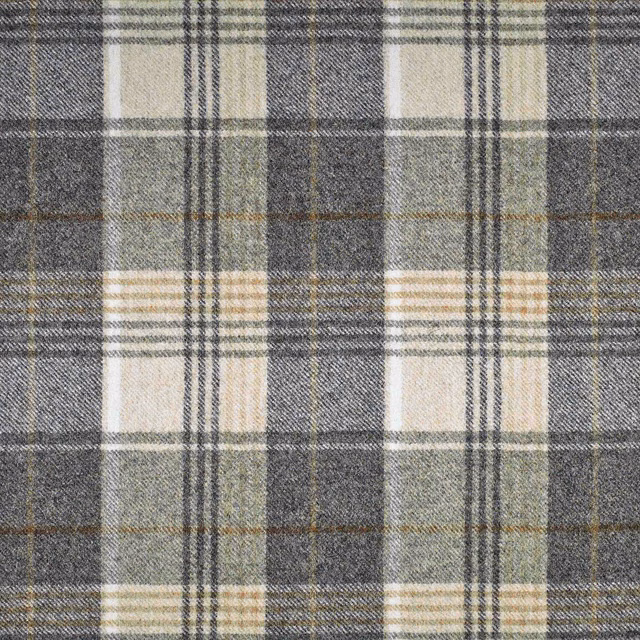 Muted taupe plaid with charcoal checks, cream blocks, sage accents and woven texture