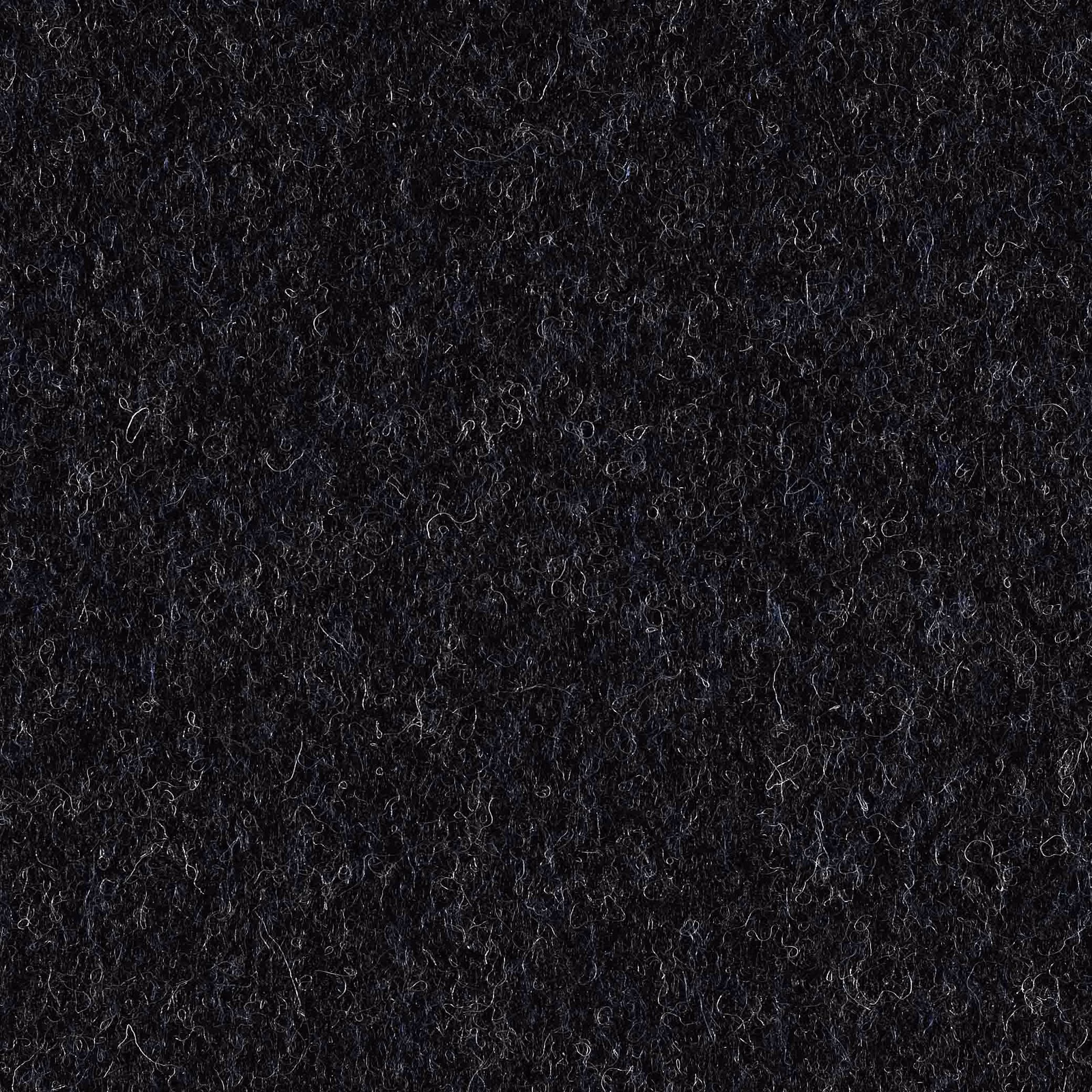 Deep indigo-black upholstery swatch showing dense curly fibres and subtle blue highlights