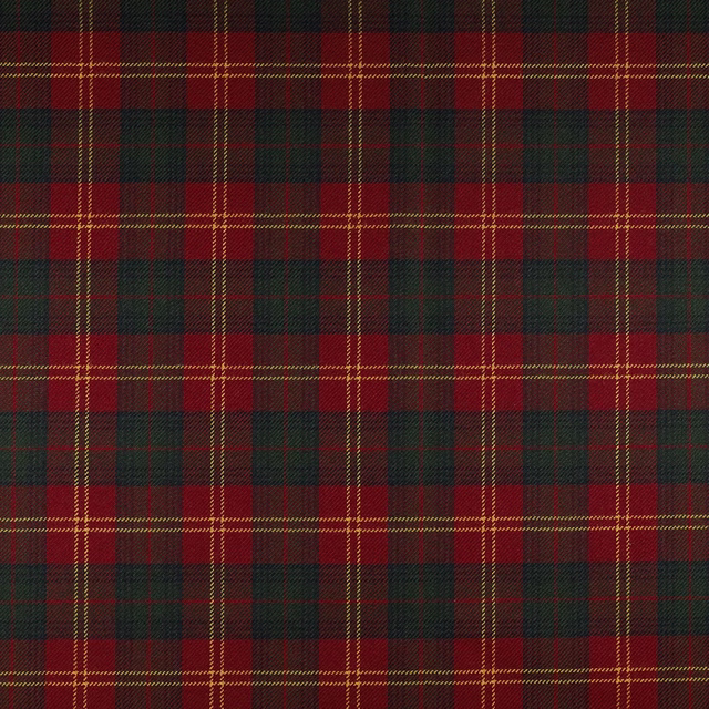 Dark forest green and burgundy tartan with mustard pinstripes in a dense weave