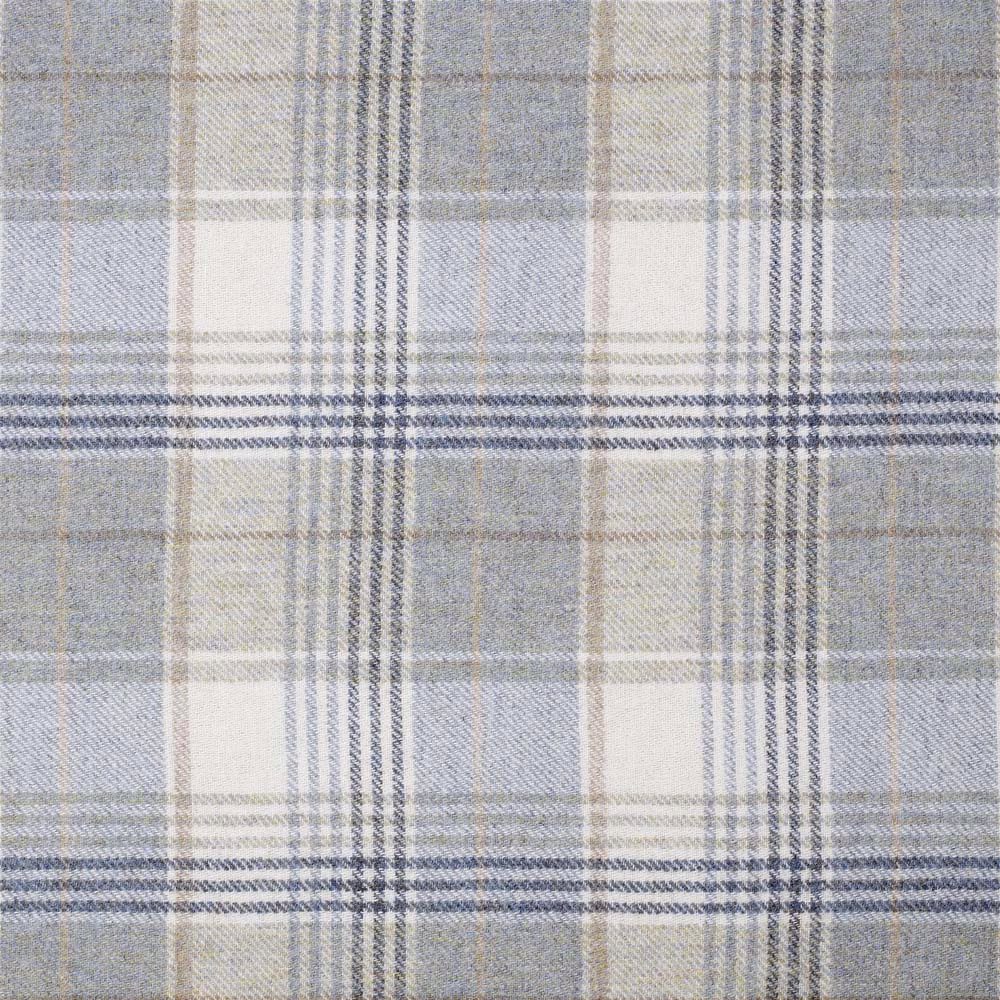 Pale glacier blue plaid fabric with cream, grey and charcoal woven checks