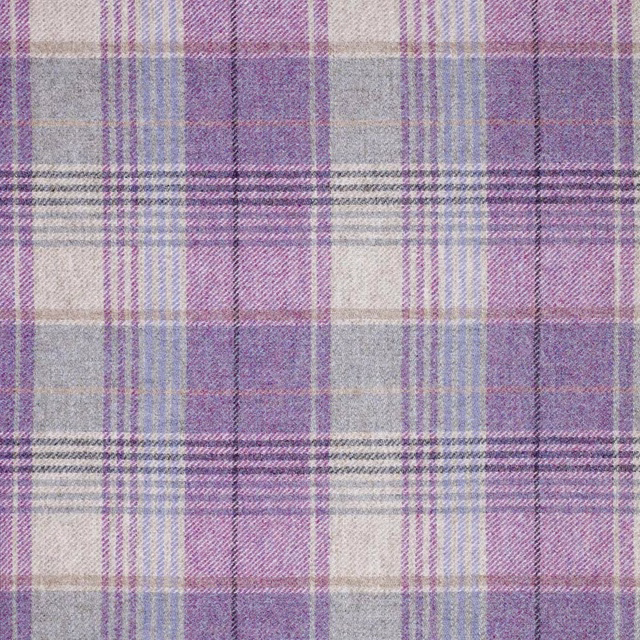 Muted lilac, lavender, grey and cream plaid with a softly heathered woven texture
