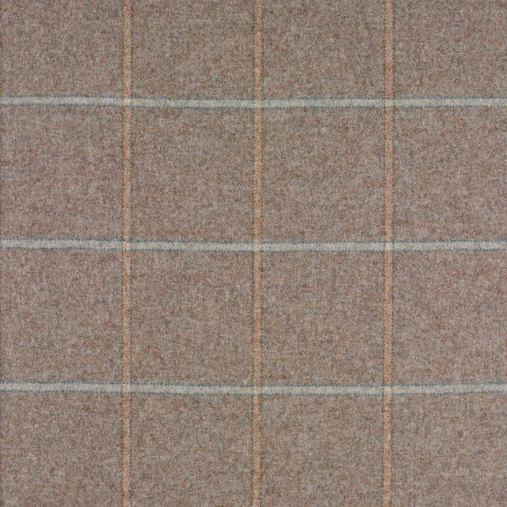 Muted taupe woven fabric with blue-grey and tan windowpane check