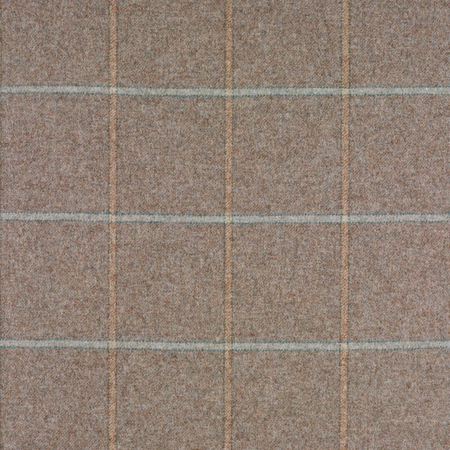 Muted taupe woven fabric with blue-grey and tan windowpane check