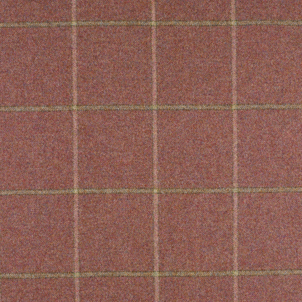 Muted terracotta-mauve woven check with olive and beige windowpane lines