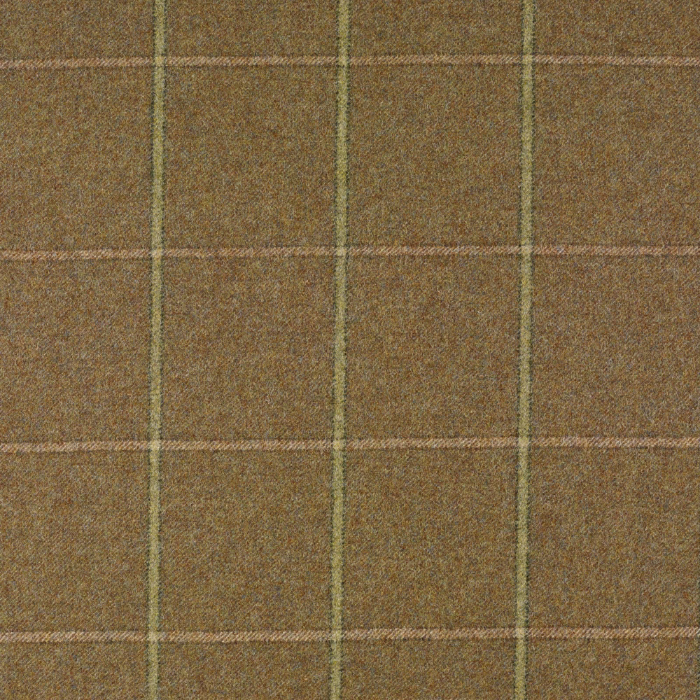 Muted olive-brown woven plaid with fine tan and green windowpane lines