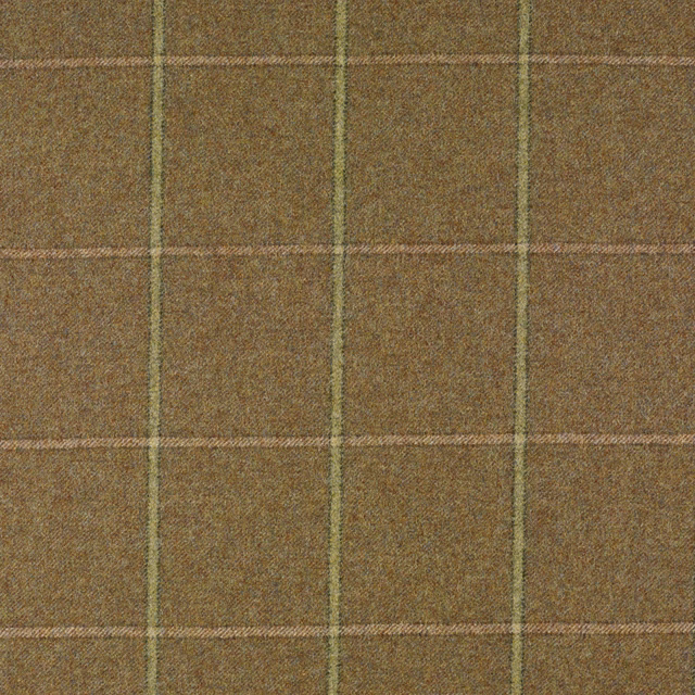 Muted olive-brown woven plaid with fine tan and green windowpane lines