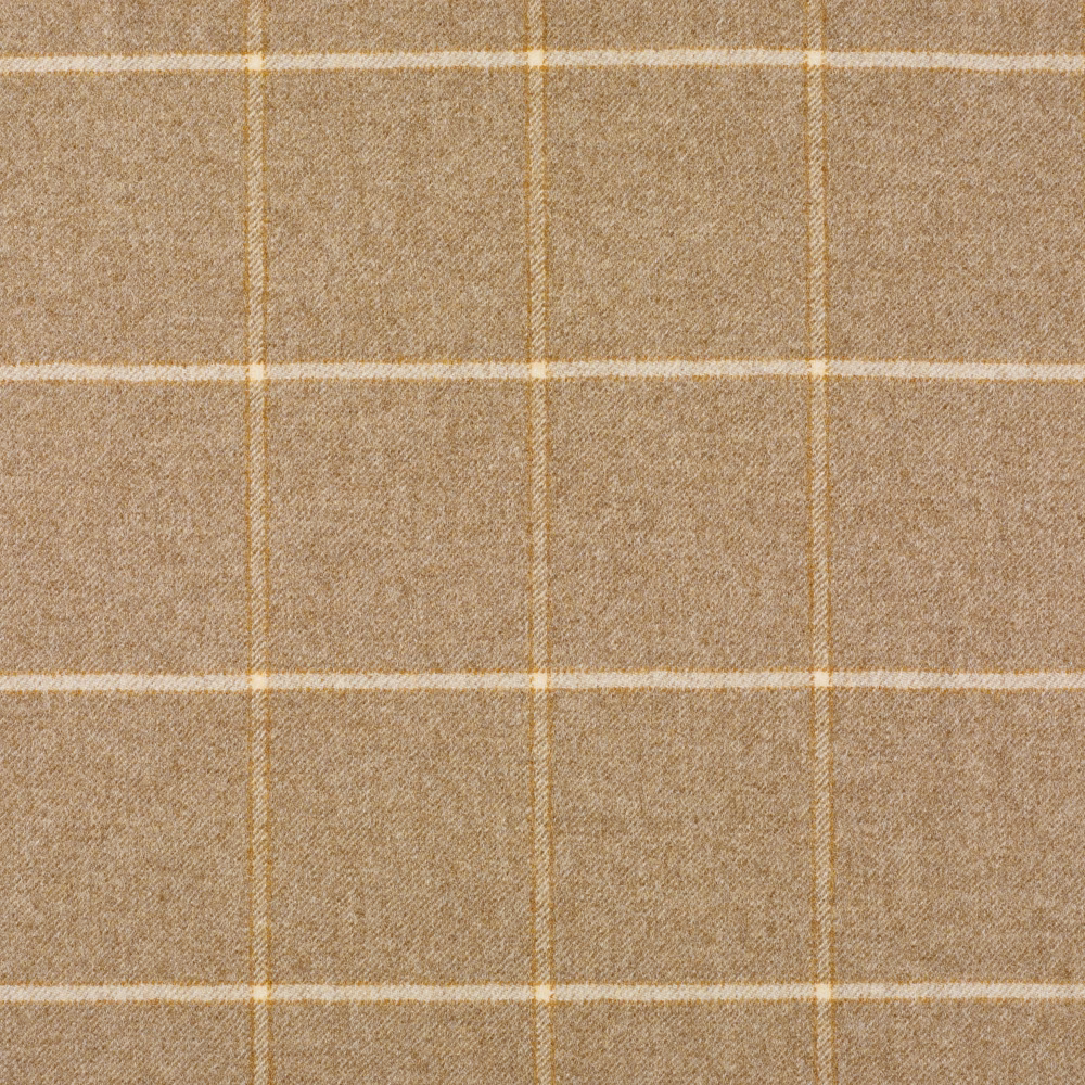 Warm natural beige woven fabric with cream windowpane checks and fine brown lines