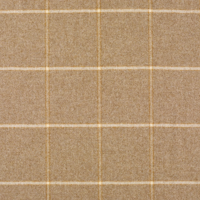 Warm natural beige woven fabric with cream windowpane checks and fine brown lines