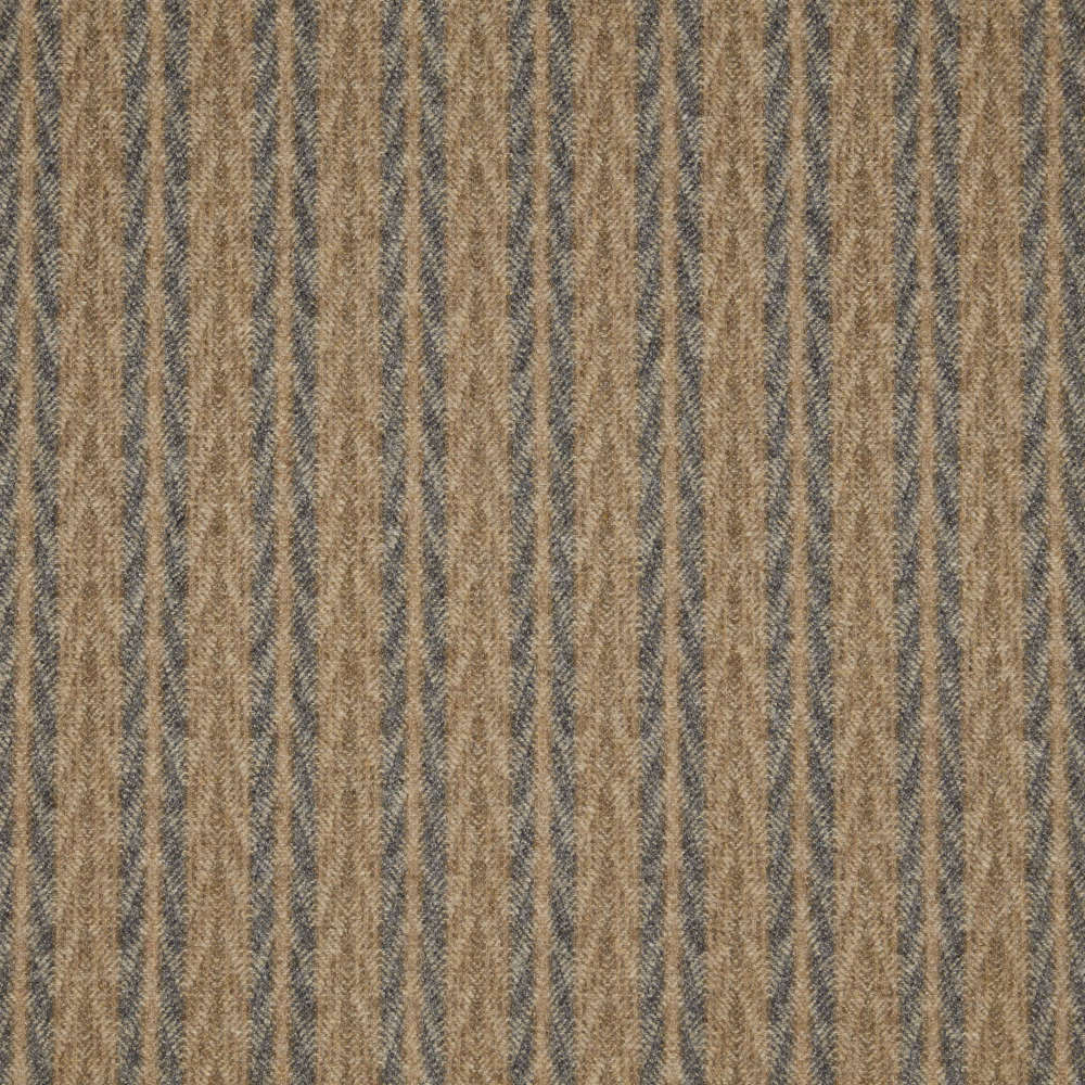 Warm taupe woven ground with tan and blue-grey irregular vertical stripes