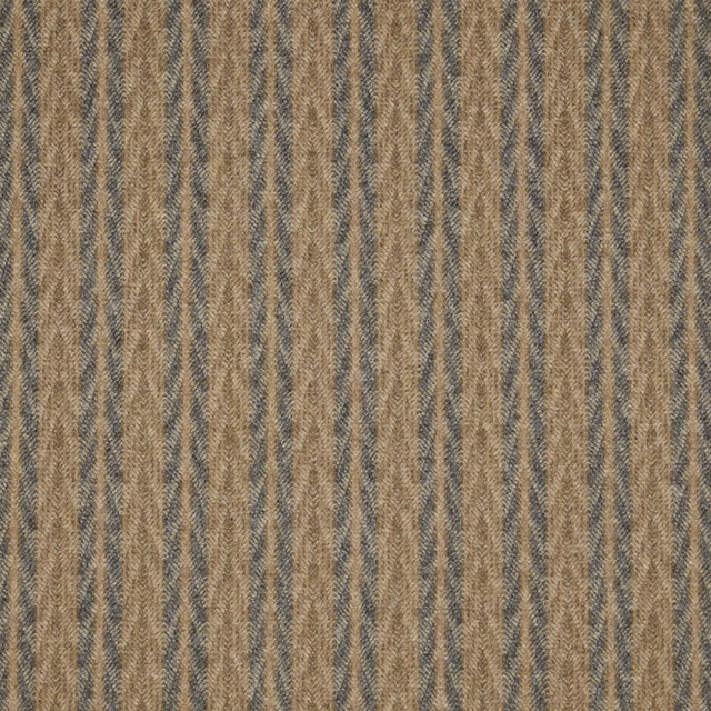 Warm taupe woven ground with tan and blue-grey irregular vertical stripes