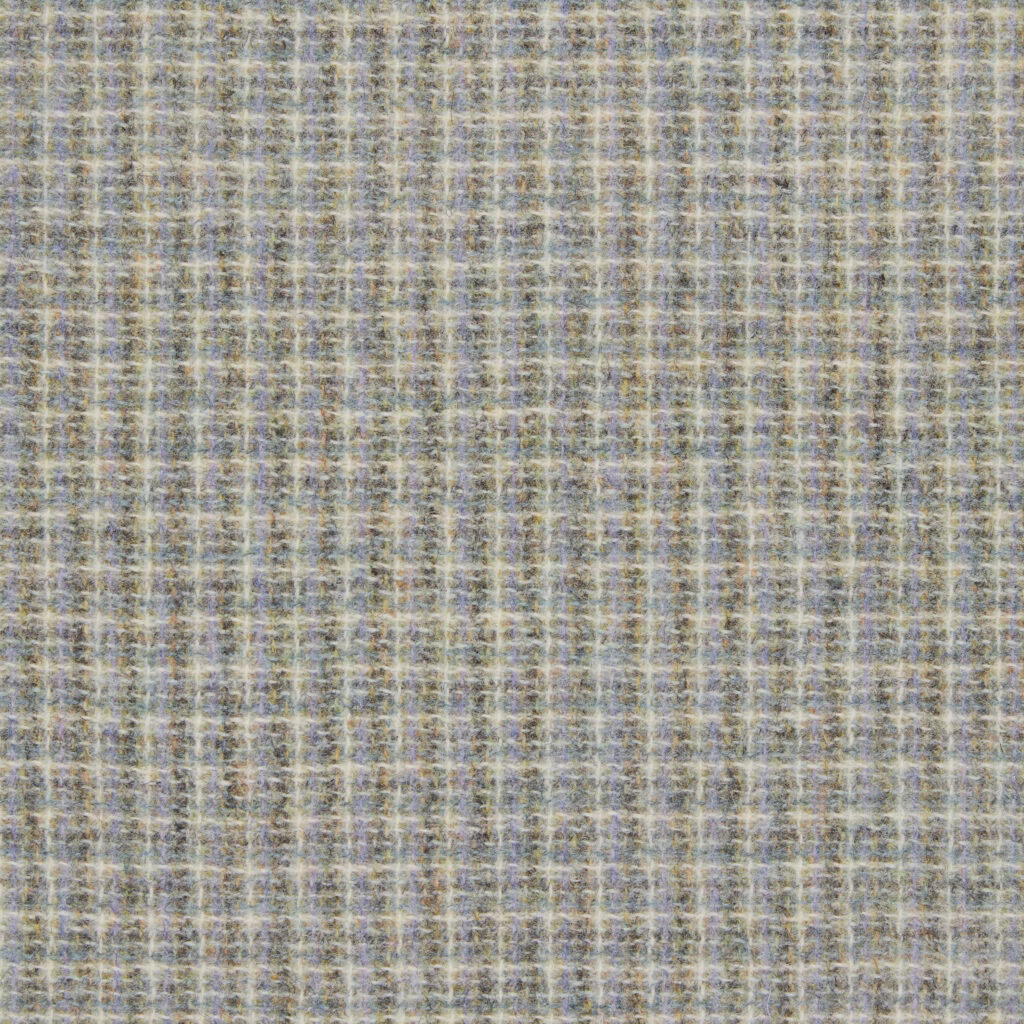 Close-up of cool grey Leno fabric with blue and oatmeal flecks in a woven check