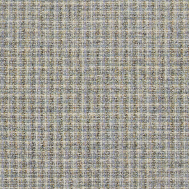 Close-up of cool grey Leno fabric with blue and oatmeal flecks in a woven check