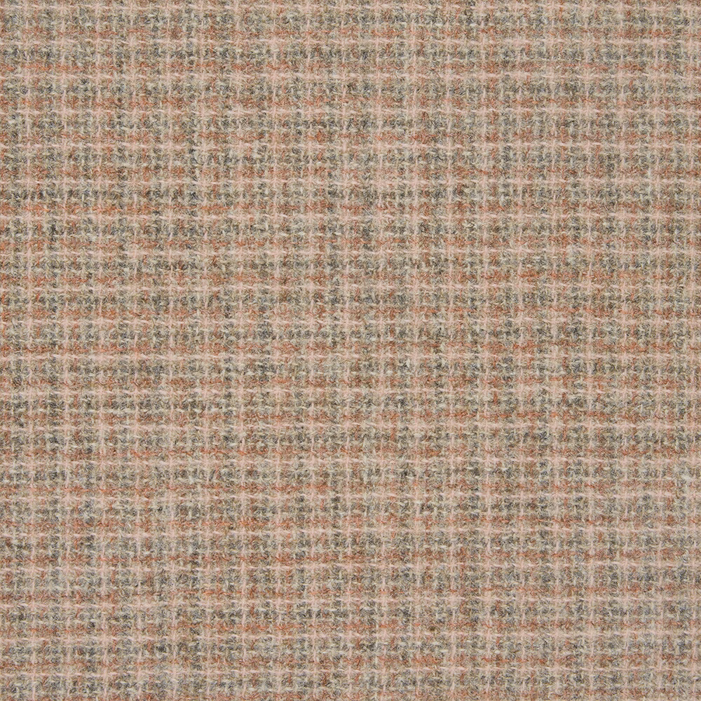 Warm sandstone check with nubby texture, rust and blue-grey woven flecks