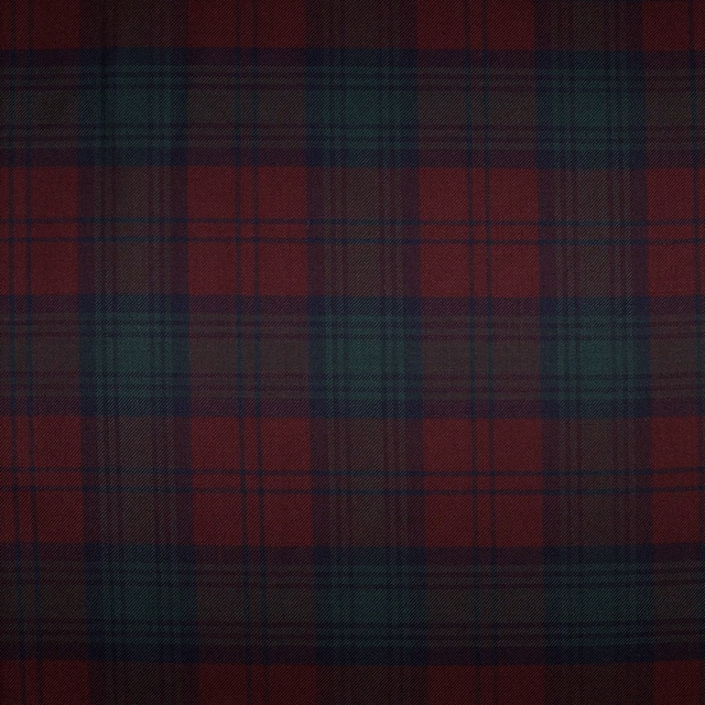 Deep red, teal and near-black woven tartan plaid with medium-scale checks