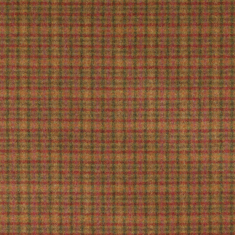 Moss green and claret woven check with a softly heathered brown texture