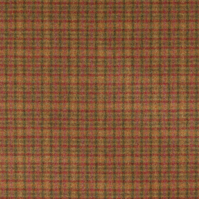 Moss green and claret woven check with a softly heathered brown texture