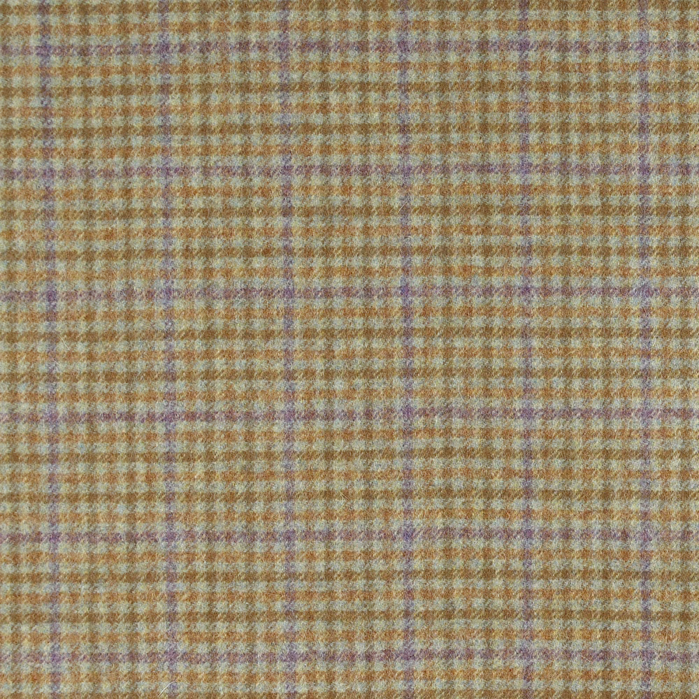 Textured small-check upholstery weave in camel, muted blue and lilac
