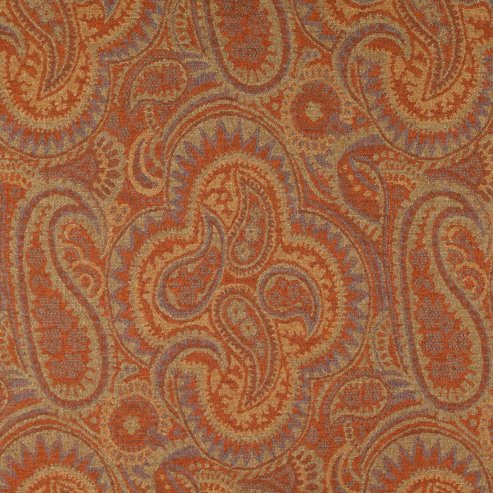 Burnt orange woven paisley with rust, taupe and blue-grey detailing