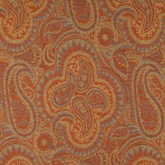 Burnt orange woven paisley with rust, taupe and blue-grey detailing