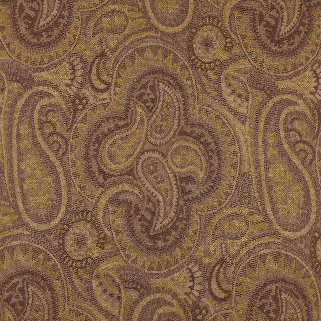 Muted olive-brown woven paisley with taupe outlines and intricate curling motifs