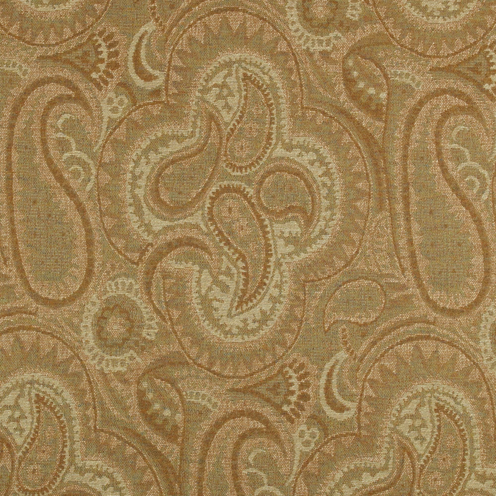 Muted sage woven fabric with large tan and oatmeal paisley motifs