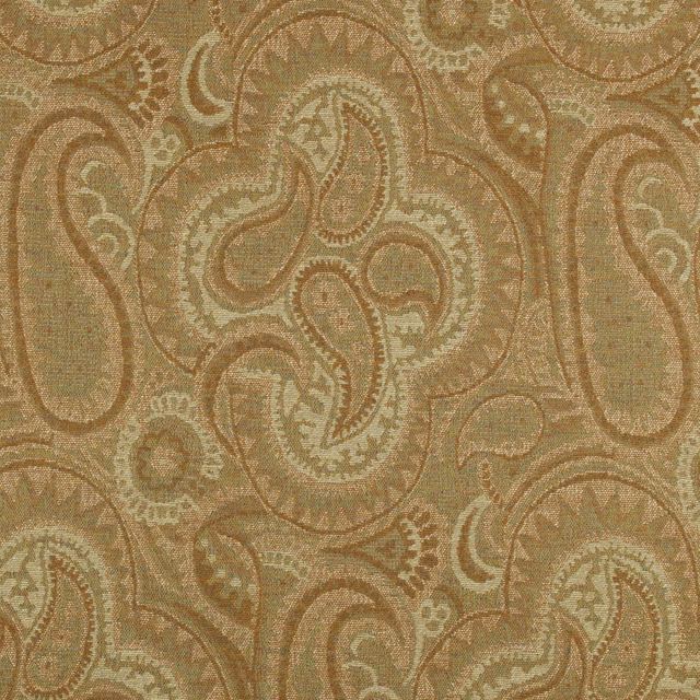 Muted sage woven fabric with large tan and oatmeal paisley motifs