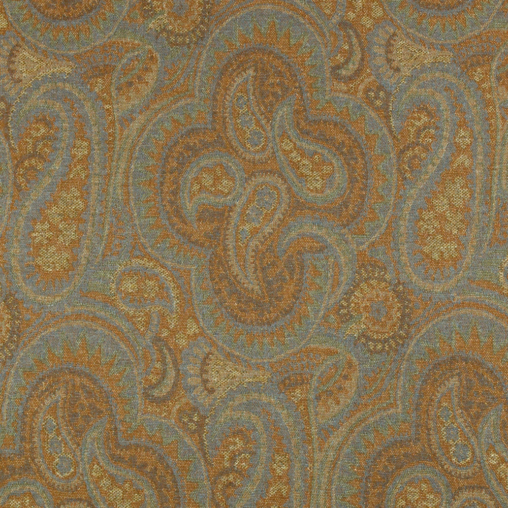 Muted sea-blue paisley with ochre and brown textured woven detail