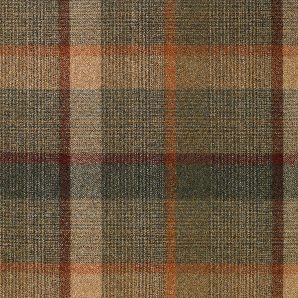 Close-up of olive green checked weave with rust, tan and burgundy overcheck