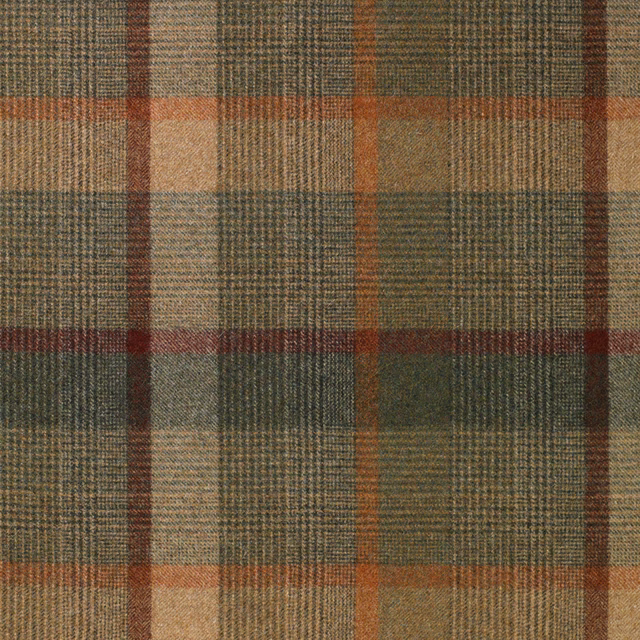 Close-up of olive green checked weave with rust, tan and burgundy overcheck