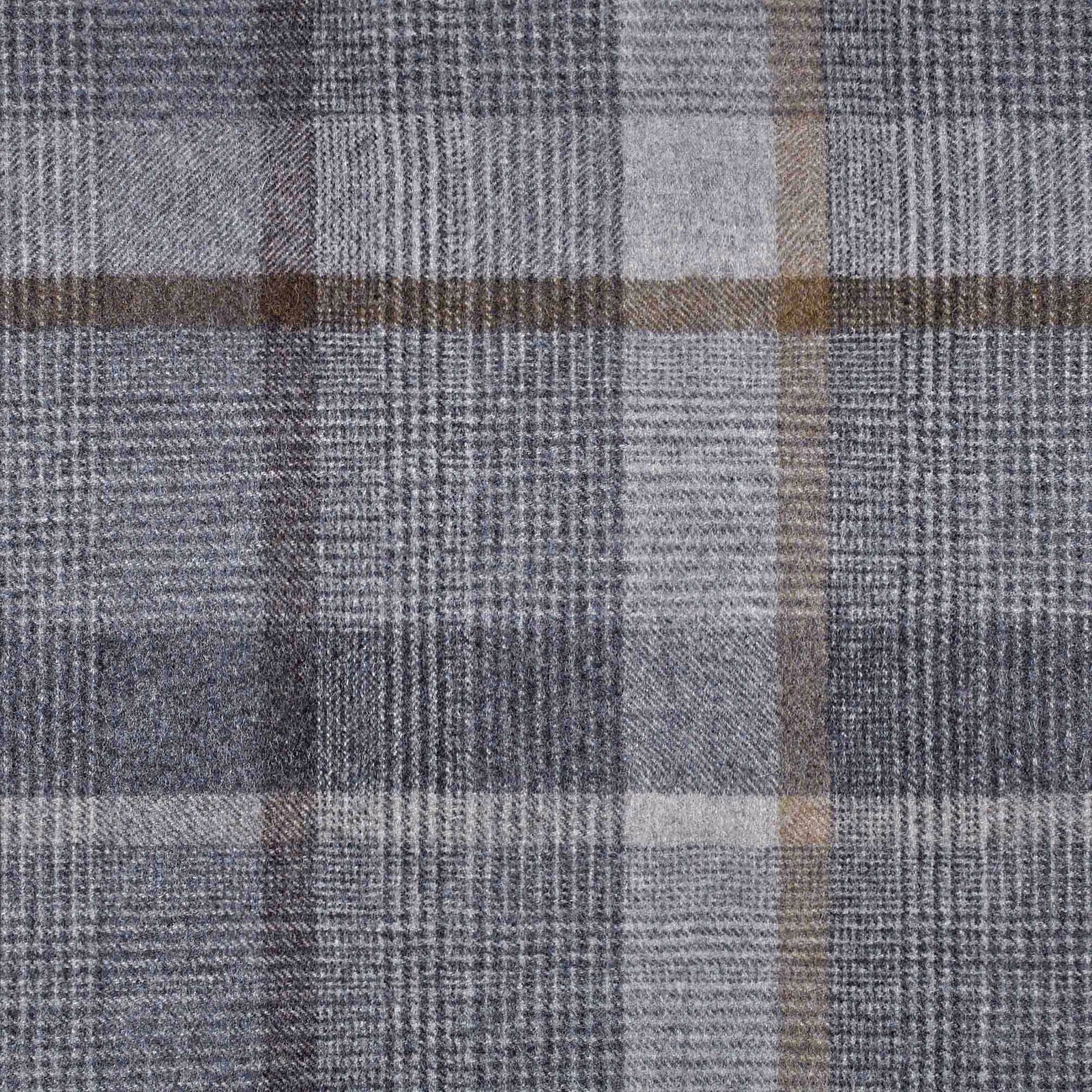 Cool taupe-grey woven check with charcoal blocks and fine brown intersecting lines