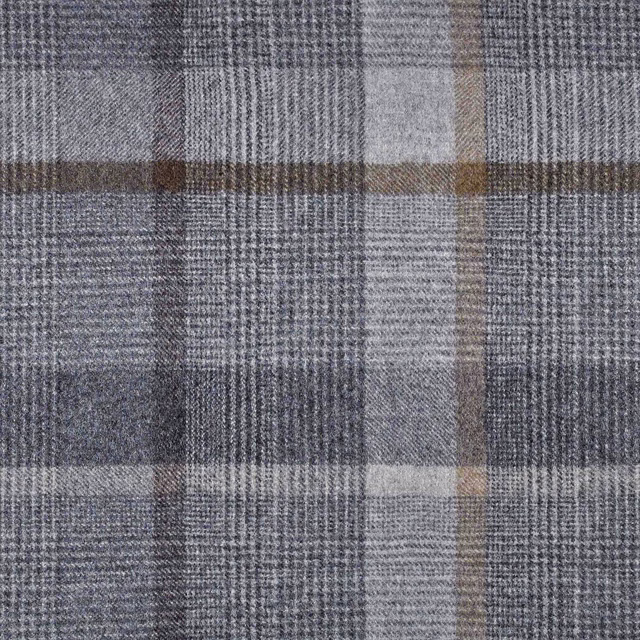 Cool taupe-grey woven check with charcoal blocks and fine brown intersecting lines