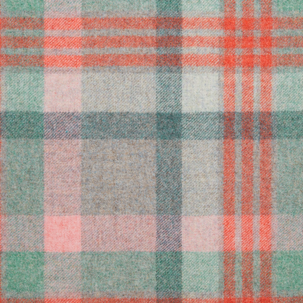 Aqua, coral, pink, cream and grey plaid with a softly brushed woven texture
