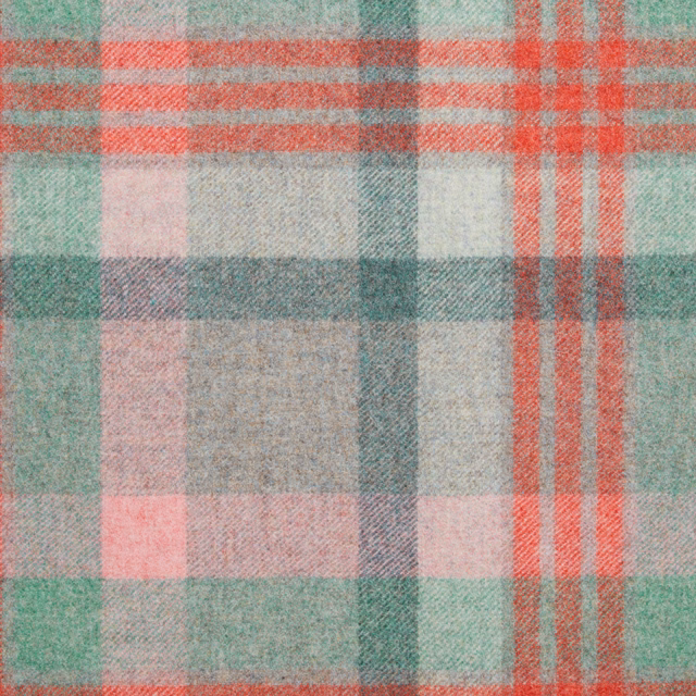 Aqua, coral, pink, cream and grey plaid with a softly brushed woven texture