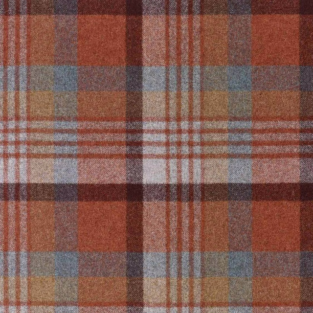 Warm brick plaid fabric with rust, brown, blue-grey and cream woven checks