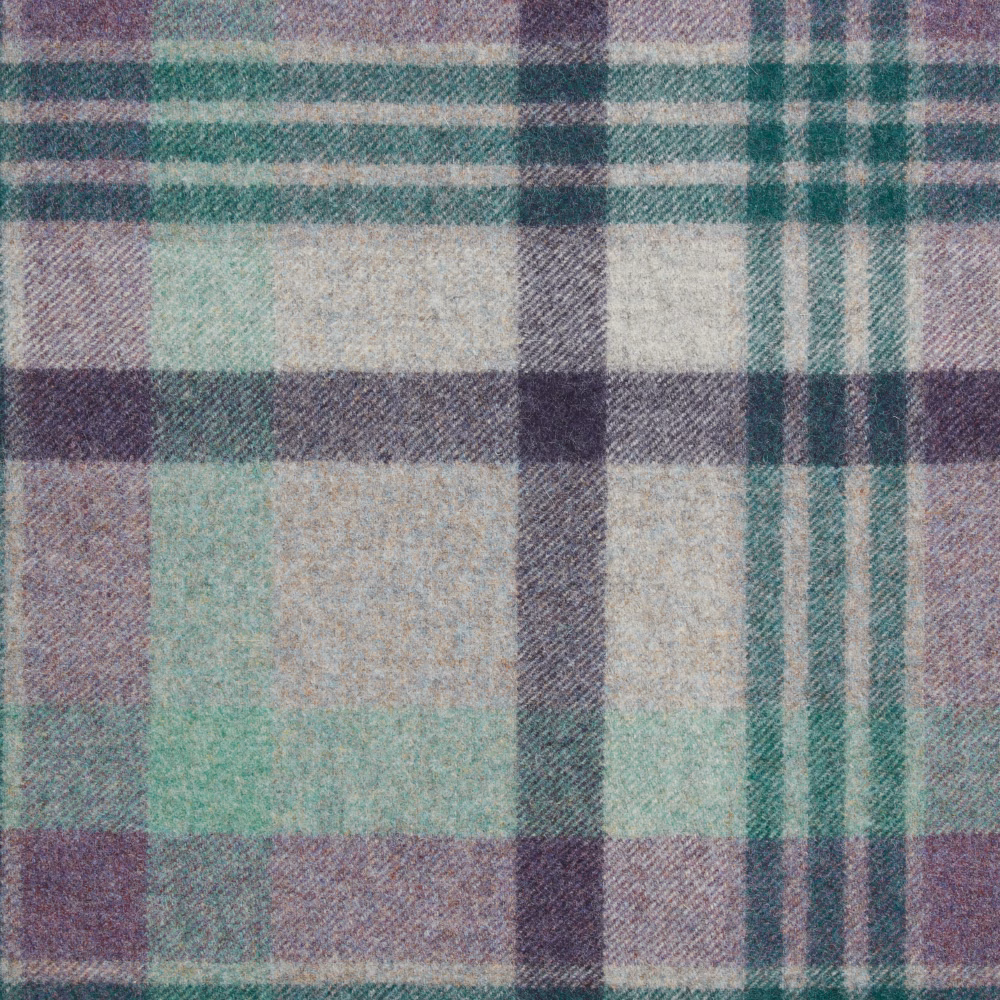 Muted teal, lilac and cream plaid with a softly brushed, slubby woven texture
