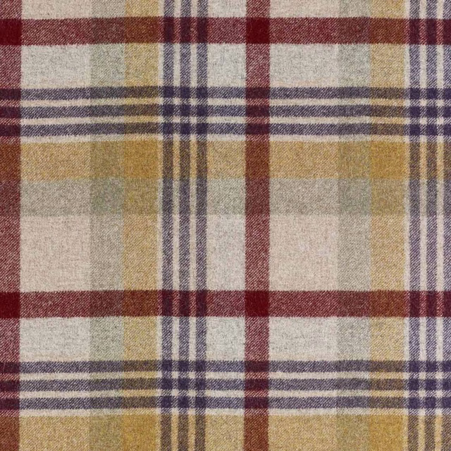 Merlot and sage plaid textile with cream, mustard and blue-grey woven stripes