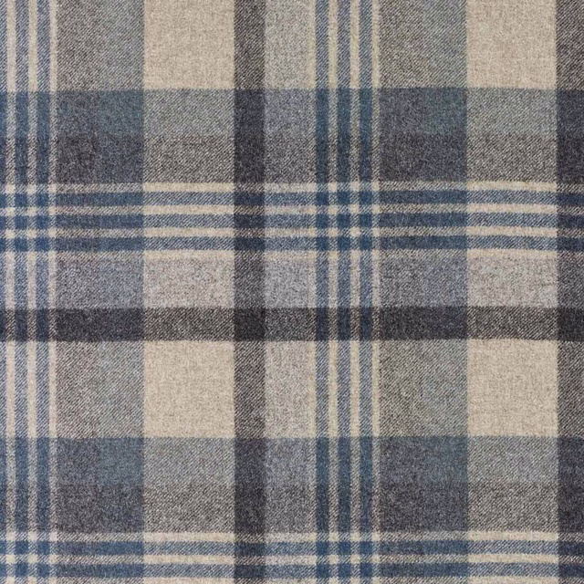Close-up of petrol blue and pewter grey plaid with cream lines and fine woven texture